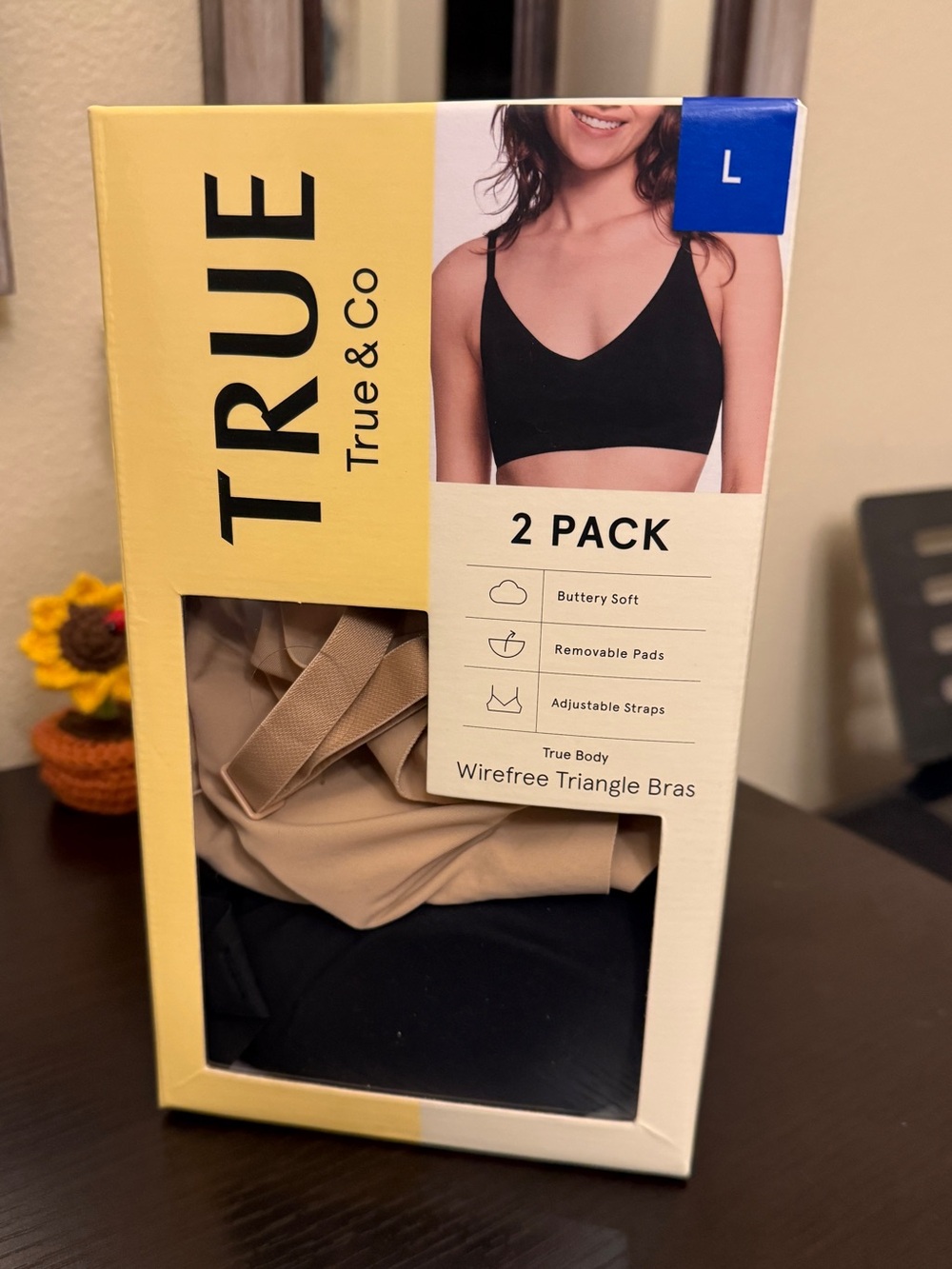 True & Co. True Body Wirefree Triangle Bra 2-Pack – Black/Nude – Size Large